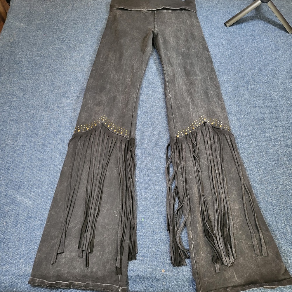 T-Party Mineral Wash Fringe Studded Flare Leggings Charcoal Gray Women's Med